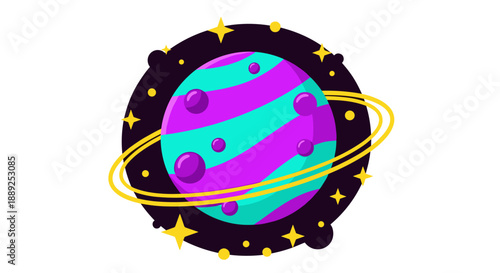 Whimsical Planet with Rings and Stars Illustration