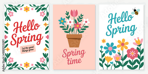 Vibrant Spring Greeting Cards with Flowers and Bees
