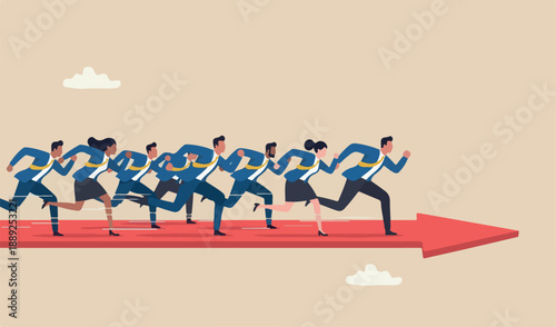 Business competition, or competitors victory, performance employees concept, businessman together woman meeting team compete running arrow red racetrack.