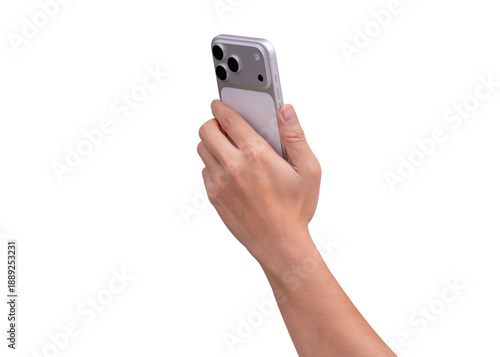 Rear view of hand holding smartphone mockup isolated on transparent background. Back side of mobile phone mockup for copy space.