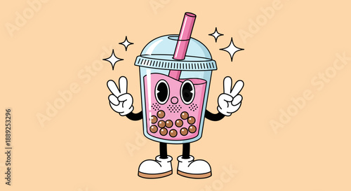 Cheerful boba tea cartoon character stands with peace sign hands, promoting good vibes and tasty drinks for cafe menus, beverage advertising, or joyful lifestyle designs with playf.