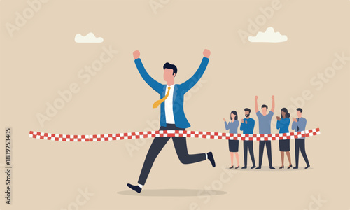Business winner , meeting teams or glory to finish working project concept, joyful smart businessman worker running reaching goal at the finishing line as first winner