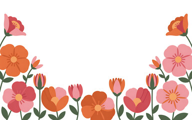 Minimalist romantic floral vector border with pink and orange flowers on transparent background