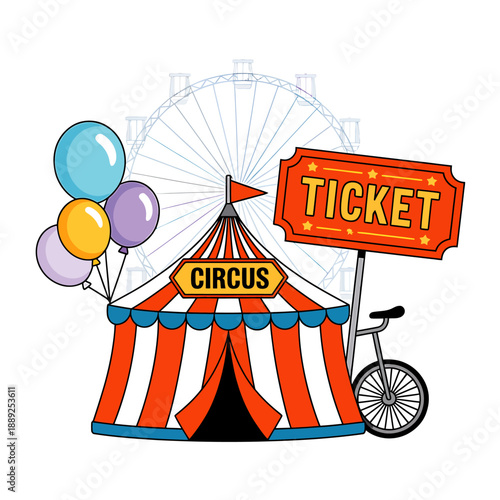 Colorful Circus Tent with Balloons and Ticket Sign