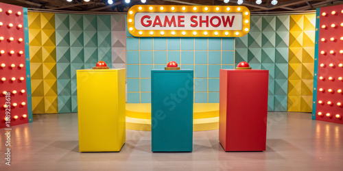 Retro style game show set with colorful buzzers and vintage lighting for entertainment concepts