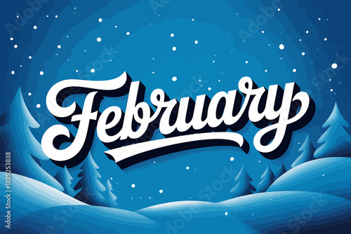 Wintery February Scene with Snowy Pine Trees