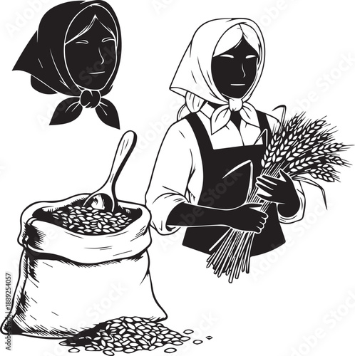 Village Woman Farmer Holding Wheat Stalks and Grain Sack Engraving Style Vector Illustration