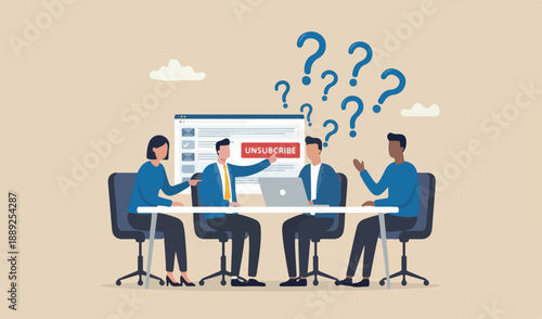 Unsubscribe email exit from mailing list, cancel subscription button, remove marketing email, rejection concept, businessman team meeting computer unsubscribe button.