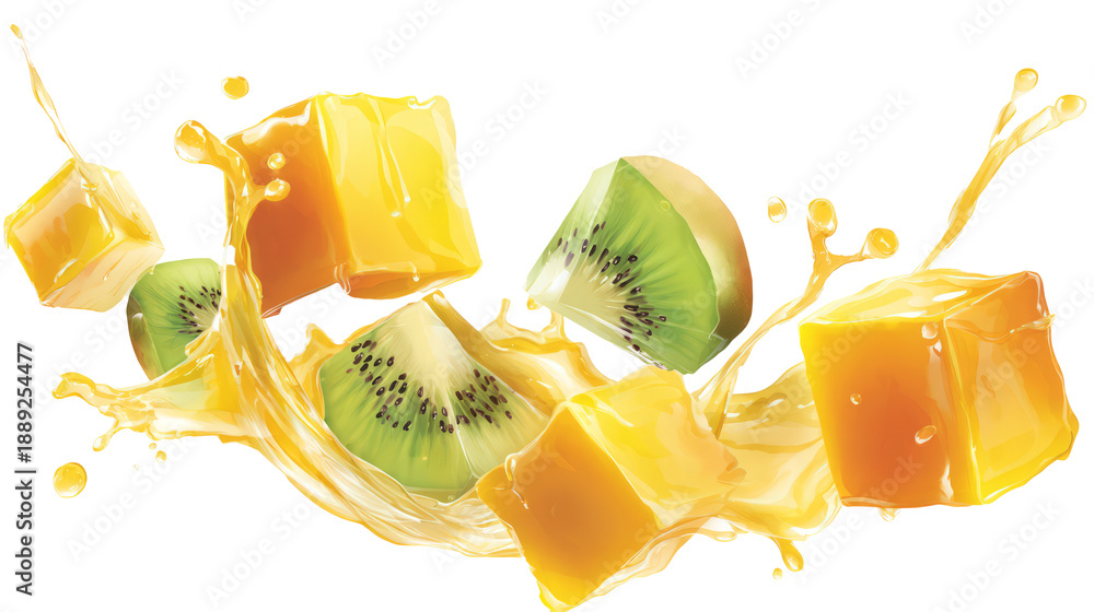 Fototapeta premium Floating cubes of tropical fruits with juice splash