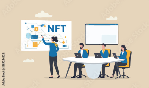 NFT non-fungible token, selling crypto art or painting unique digital asset with currency payment online bidding website, artist woman team painting beautiful digital canvas the word NFT.