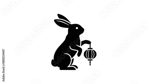 Black silhouette of a rabbit holding a Chinese lantern.