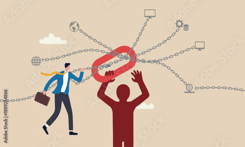 Single point, man big vulnerable weak point to make all system down, important point to hazard or beware danger concept, businessman at try so hard to hold multiple chain to avoid failure