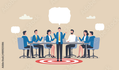 Awkward moment, embarrassment conversation work, moment concept, awkward confused red big bullseye too target businessman team meeting helpless speech bubble