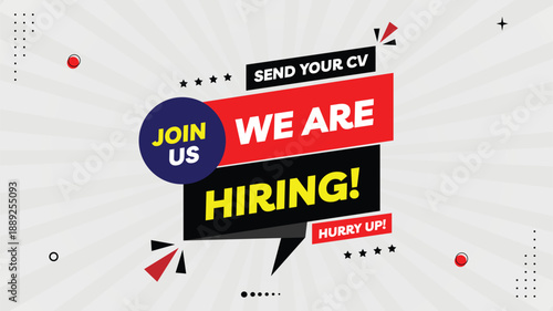 We Are Hiring! Advertising Banner – Join Us, Send Your CV | Hurry Up | Black, Yellow, Red, Purple Gradient | Element Shapes Template, White Background