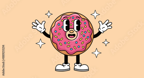 Cheerful donut cartoon character stands playfully with arms outstretched amidst shining stars, offering sweet bakery fun, vintage design, and tasty treat delight for happy customer.