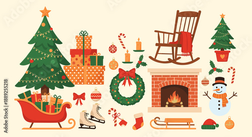 Festive Christmas Scene with Holiday Decorations: A cozy fireplace, decorated tree, presents, rocking chair & seasonal ornaments evoke traditional winter celebrations, making it id.