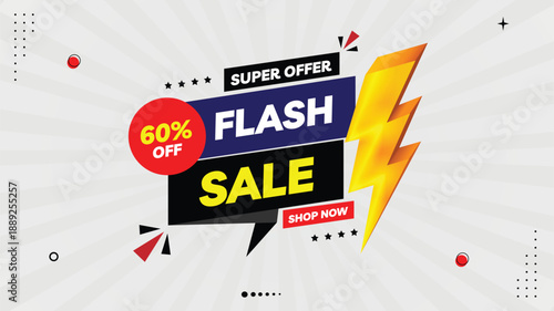 Flash Sale Banner 60% Off – Super Offer, Shop Now! Black, Yellow, Red, Purple Gradient Elements Template on White Background