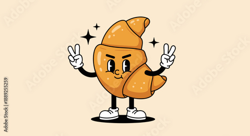 Retro Croissant Character Spreading Peace