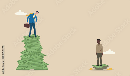 Economic inequality, rich and unfair income, different money people concept, white rich businessman standing high salary coins tower poor black man on low coins stack.