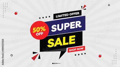 Super Sale Banner 50% Off – Limited Offer Shop Now Template with Abstract Element Shapes, Black, Yellow, Red, Purple Gradient on White Background
