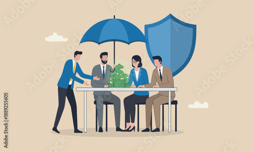 Income protection,meeting bank protect investment profit, wealth preservation or insurance, risk management concept, businessman hand offer umbrella to protect dollar sign money.