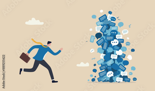 Communication problem or overload, too many messages or spam, inefficient discussion or meeting concept, frustrated businessman run away from collapsing stack online speech bubble