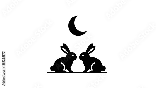 Two Rabbits Sitting Together Under the Crescent Moon.