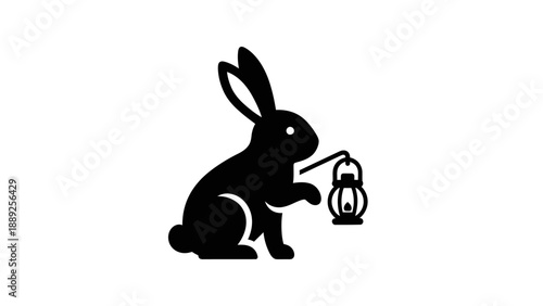 Simple black silhouette of a rabbit holding a lantern.