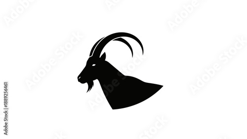 Black silhouette of a goat head with curved horns on white background.
