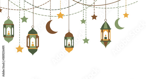 Ramadan lanterns and crescent moons hanging from strings with stars on white background islamic decoration