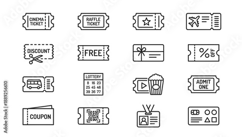 Comprehensive Set of 16 Minimalist Ticket and Coupon Line Icons Featuring Cinema, Raffle, Flight, Bus, Lottery, and Discount Vouchers; Vector Illustration with Uniform Stroke Width on White.