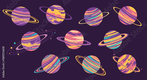 Colorful Planets with Rings Cartoon Space Vector Art