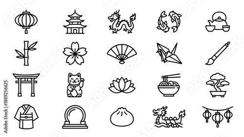 Set of 20 minimalist Asian culture line icons including dragon, pagoda, lantern, koi fish, cherry blossom, bonsai, ramen, and maneki-neko. Traditional oriental symbols in uniform vector style.