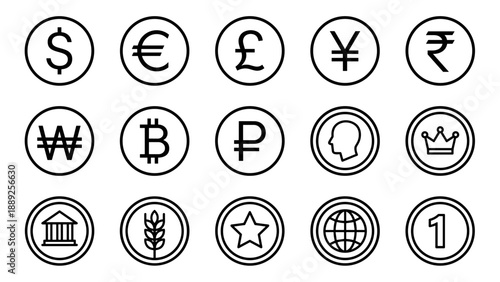 Set of 15 Minimalist Currency and Coin Line Icons Featuring Global Money Symbols like Dollar, Euro, Pound, Yen, Bitcoin, and Ruble, Plus Financial Icons for Banking, Wealth, and Global Trade.