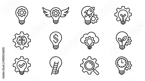 Set of 12 minimalist line art startup icons featuring lightbulbs and gears. Symbols for innovation, creativity, growth, finance, cloud computing, ecology, brain, strategy, and business planning.