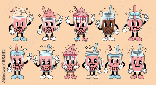 Retro Cartoon Boba Drinks Illustration