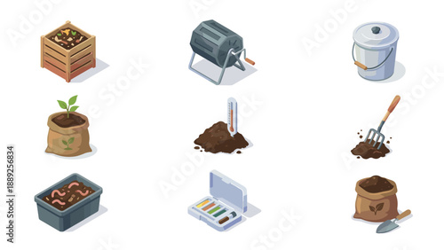 Modern Isometric Vector Icon Set for Composting and Sustainable Gardening Featuring Compost Bin, Tumbler, Metal Bucket, Soil Thermometer, Garden Fork, Worm Bin, Soil Test Kit, and Organic Soil.