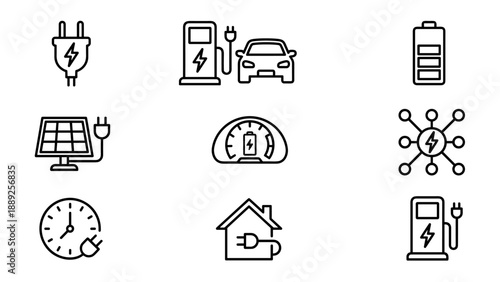 Minimalist line art icon set featuring electric vehicle charging stations, EV battery indicators, solar energy panels, home charging, and power grid symbols for sustainable green transportation.