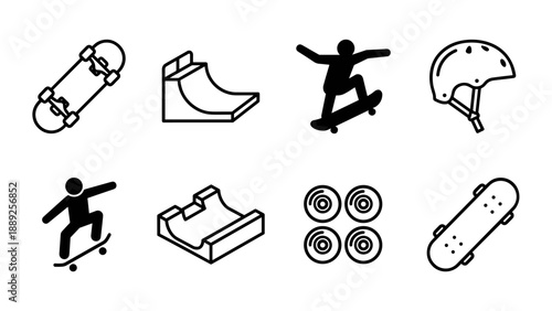 Set of eight skateboarding line icons featuring a skateboard, skate ramp, skateboarder performing tricks, protective helmet, skate park half-pipe, set of four wheels, and a skateboard deck.