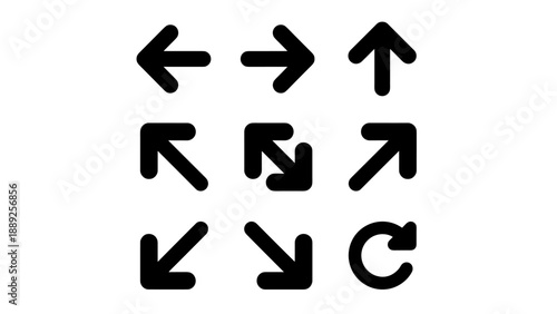 Set of 9 Minimalist Black Arrow Icons for Web Interface and App Navigation, Featuring Clean Geometric Directions like Up, Down, Left, Right, Diagonal, and Refresh on a White Background.