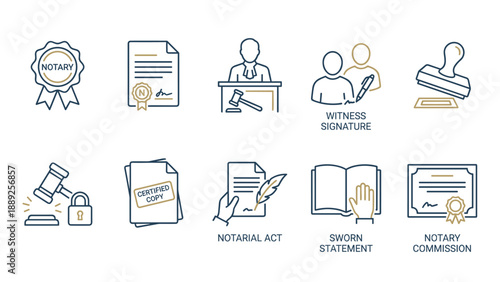 Set of 10 Professional Notary Services Icons Featuring Notary Seal, Document Notarization, Notary Public, Witness Signature, Rubber Stamp, Gavel, Certified Copy, Sworn Statement, and Commission.