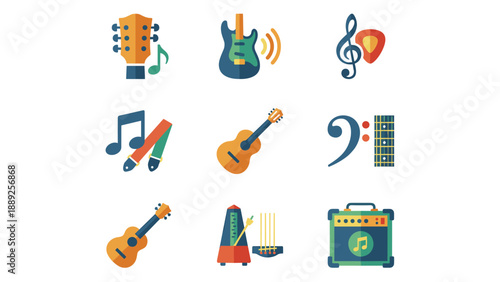 Set of 9 Flat Design Music and Guitar Icons Featuring Acoustic and Electric Guitars, Ukulele, Amplifier, Metronome, Treble and Bass Clefs, Guitar Pick, Strap, and Musical Notes for Web Design.