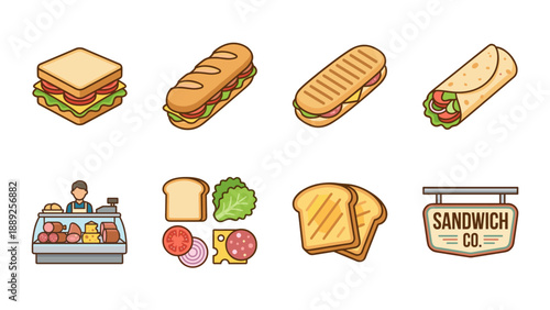 Set of 8 flat vector icons for a sandwich shop or deli, featuring a club sandwich, baguette sub, grilled panini, tortilla wrap, deli counter worker, fresh ingredients, toast, and store sign.