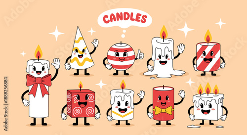 Fun Candles Characters Collection in Cartoon Style: Whimsical candle illustrations waving and smiling, perfect for holiday decoration, retro designs, and festive celebrations, maki.