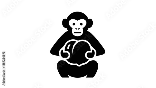 Monkey holding a pumpkin in a simple black and white illustration.