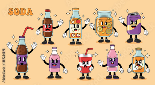 Retro Soda Drinks Cartoon Character Set