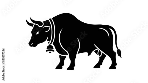 A black silhouette of a bull with a bell.