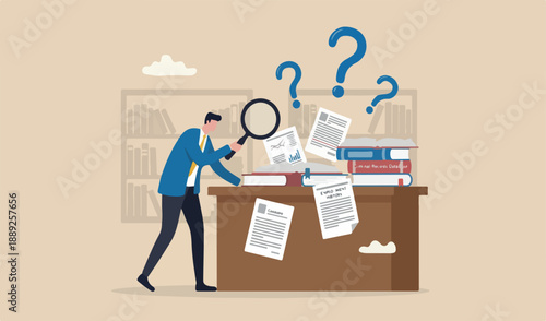 Background check for employment or recruitment, criminal drug check on big book candidate employee, work experience career history concept, detective magnifier candidate document.