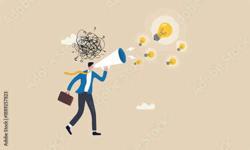 Problem solving skill to solution, creativity to solve difficult issue, resolution or coaching to help trouble, confused businessman with messy thinking with other giving lightbulb solution