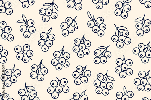 Pattern of blue berries on a light background with simple outlines of fruit and leaves spread across the entire surface